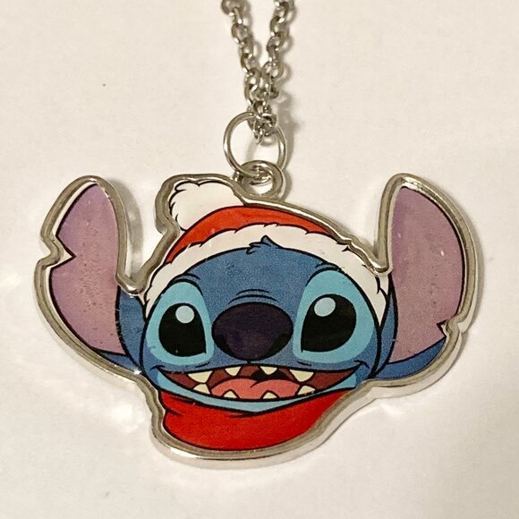 Disney Lilo & Stitch Christmas Necklace Santa Hat Holiday Silver Tone 18" Chain - Picture 5 of 10